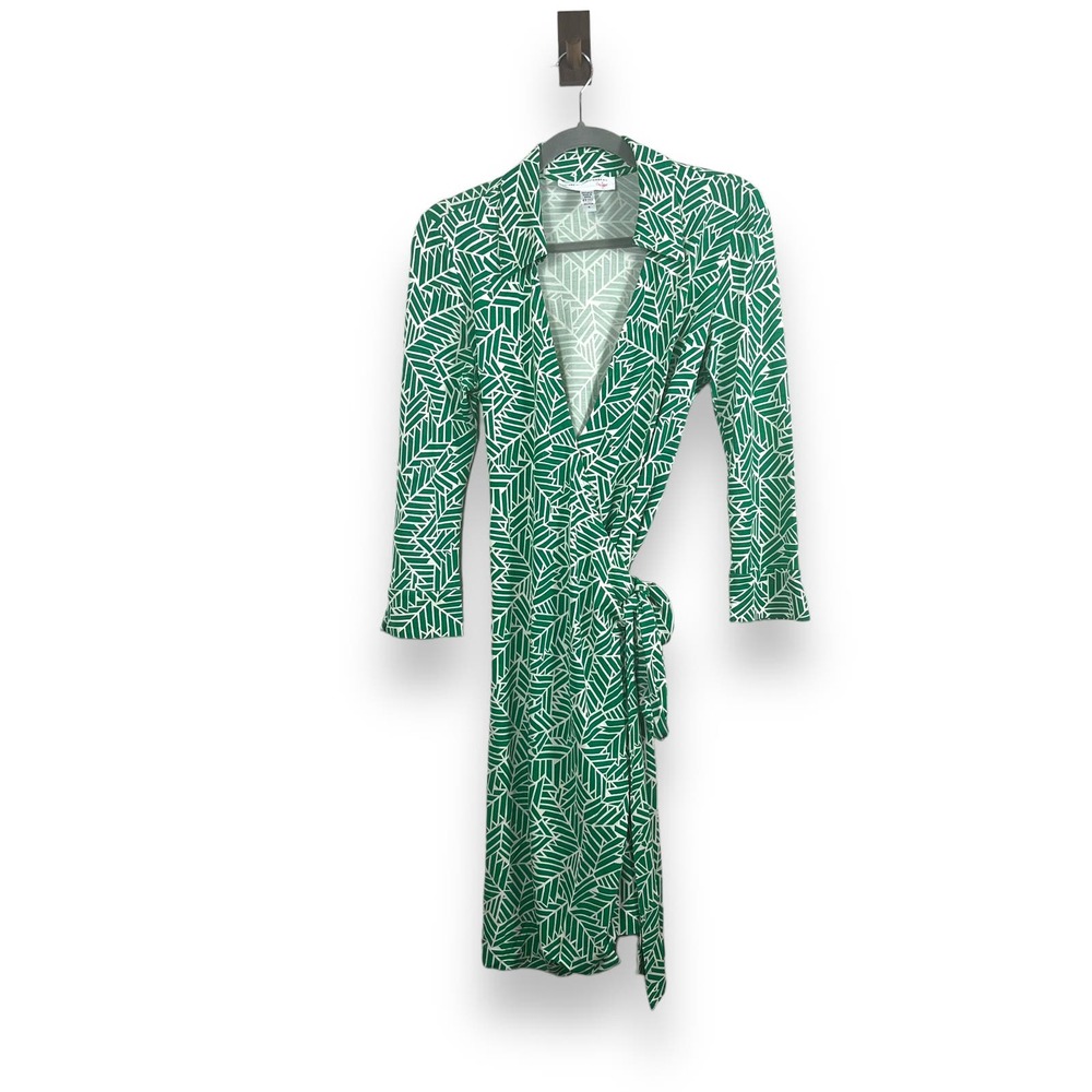 Diane Von Furstenberg Vintage 100% Silk Geometric Print Wrap Dress Green Size 10